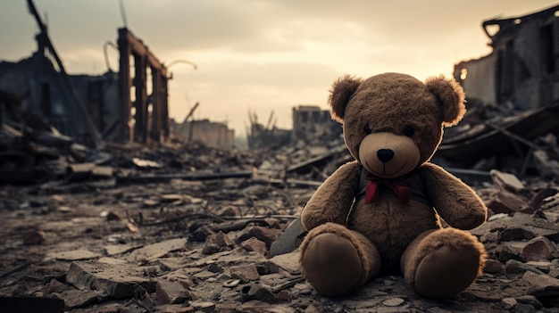 abandoned teddy bear in the middle of destroyed city