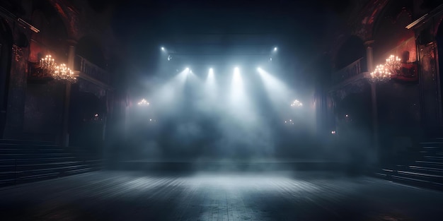 Abandoned theater stage with foggy lighting perfect for dramatic marketing visuals Concept Theater Stage Abandoned Dramatic Lighting Marketing Visuals Foggy Atmosphere