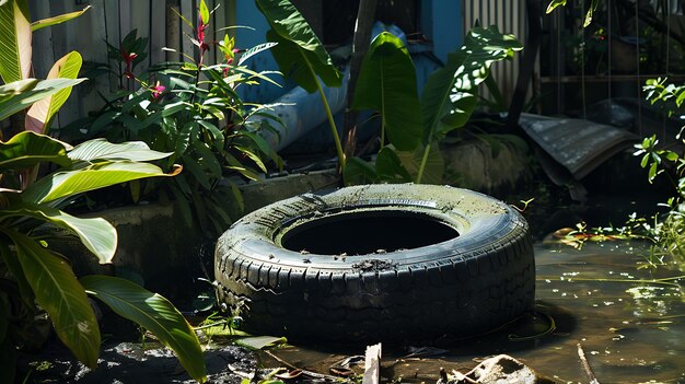 Abandoned tire filled with stagnant water potential breeding sites of mosquito larvae