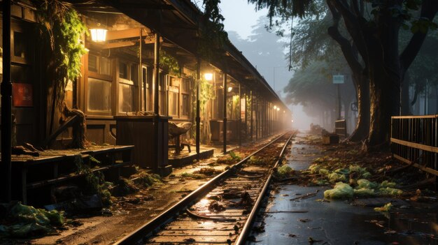 Abandoned train station covered with ivy