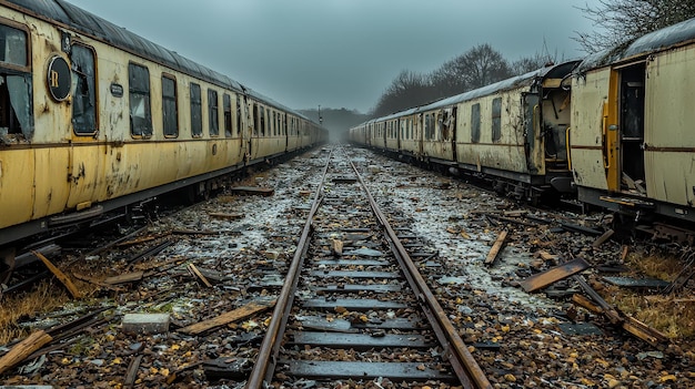 Photo abandoned train tracks with rusted carriages and broken windows