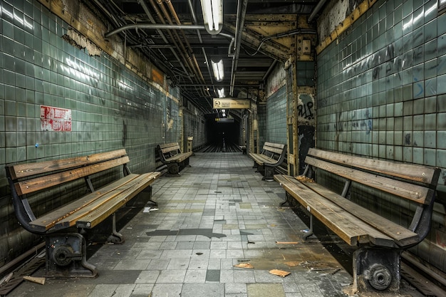 Abandoned Urban Subway Station Interior with Desolate Benches and Vintage Tiled Walls