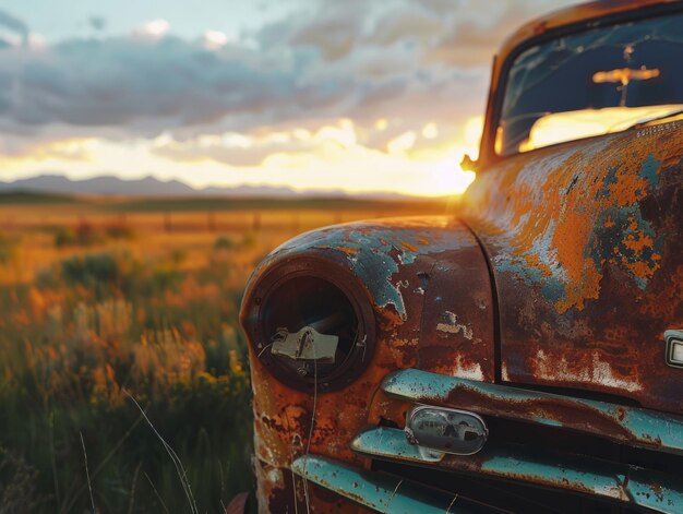 Photo abandoned vehicle overgrown with weeds in a rural setting