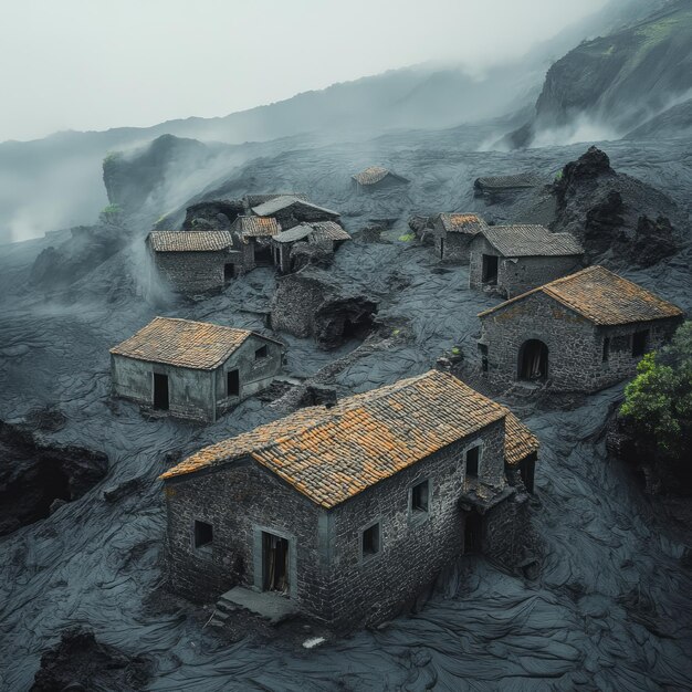 Photo abandoned village nestled in a volcanic landscape with fog and smoke