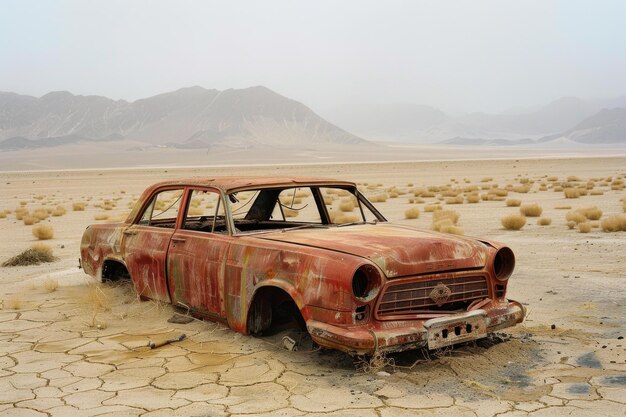 Abandoned vintage car in desert landscape