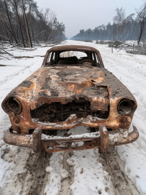 Abandoned vintage car in snowy forest