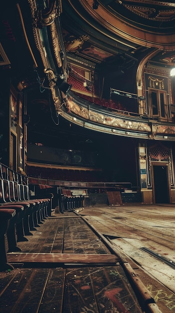 Photo abandoned vintage theater with ornate balcony and wooden stage in dim lighting