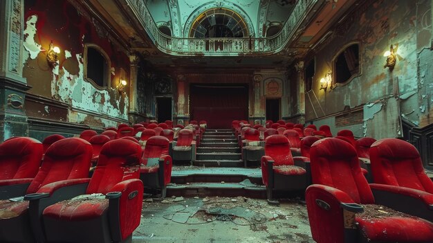 Photo abandoned vintage theater with red velvet seats and decaying interior architecture