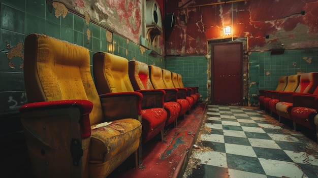 Photo abandoned vintage theater with rows of worn red and yellow seats in a decaying room with checkered floor