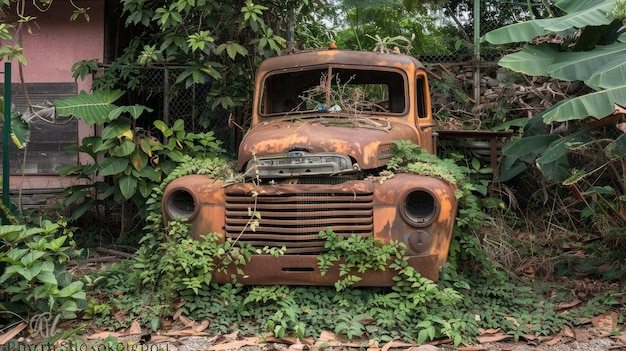 Abandoned vintage truck overgrown with dense vegetation