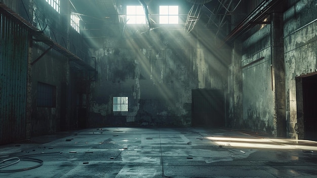 Abandoned Warehouse Interior with Sunlight Streaming Through Windows