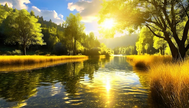 Abeautifulshinywaterriveraroundgoldenlakeswithreflectionsofthesurroundinglandscape