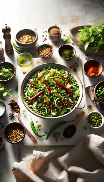 Abish Salad with Fenugreek and Chilies on White Marble