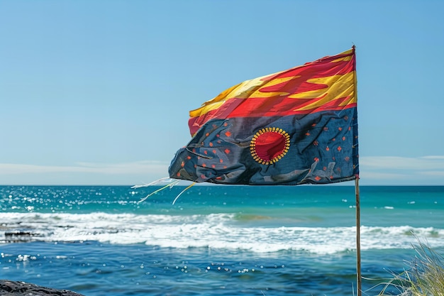 The aboriginal flag flying in front of the ocean on a clear blue sky bright and sunny day