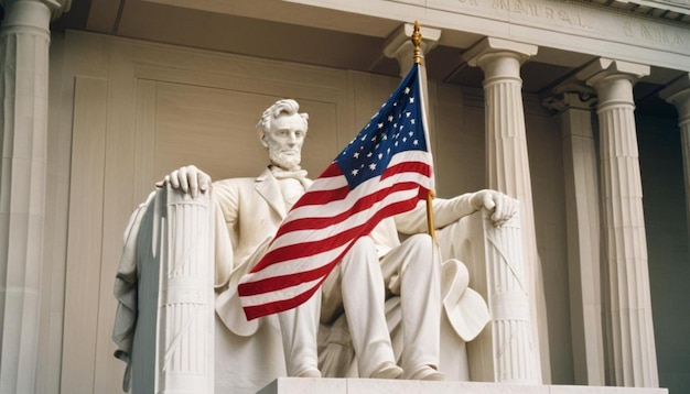 Photo abraham lincoln statue with the american flag in the front