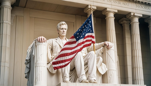 Photo abraham lincoln statue with the american flag in the front