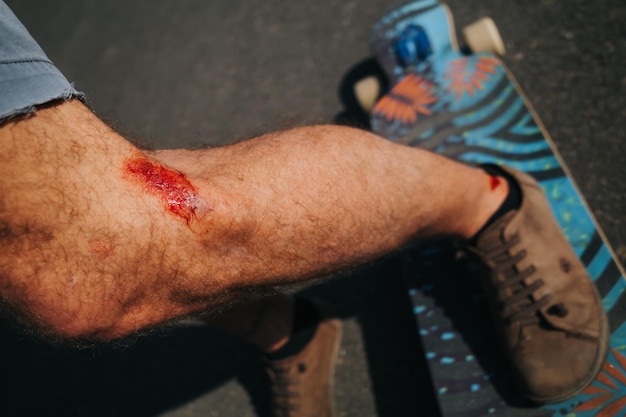 Photo abrasion on human leg after skateboard accident