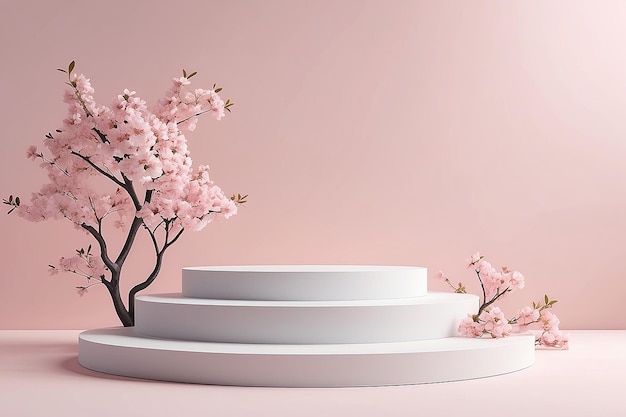 Photo abstact product background podium and sakura with white background for product