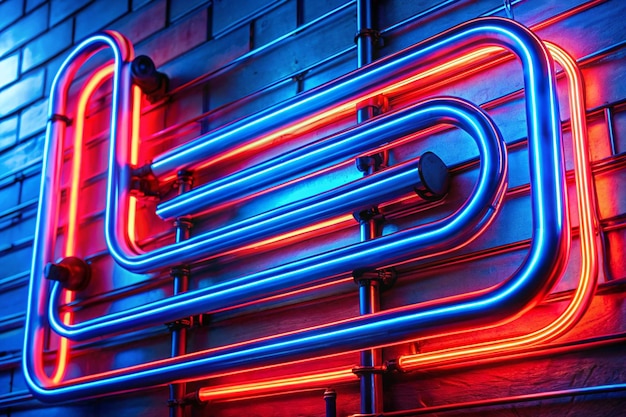 Abstact red neon sign with a blue neon tube in the background