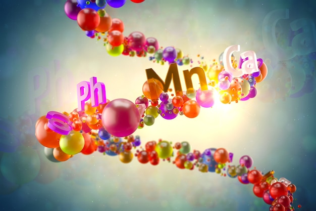 Abstrac 3d rendering glass illustration. Vitamin concept. Random colored spheres and text with vitamin title on  helix formed trajectory. Healthy concept.