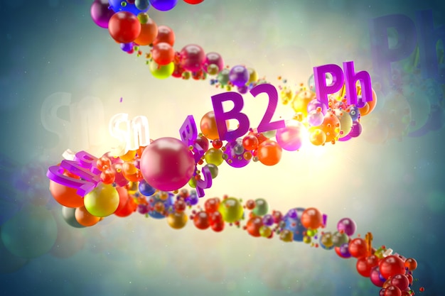 Abstrac 3d rendering glass illustration. Vitamin concept. Random colored spheres and text with vitamin title on  helix formed trajectory. Healthy concept.