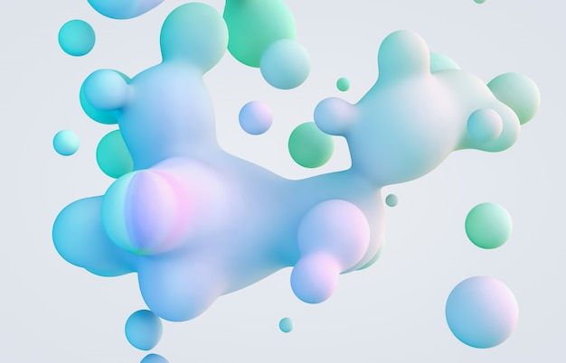 Photo abstract 3d art background. holographic floating liquid blobs, soap bubbles, metaballs.