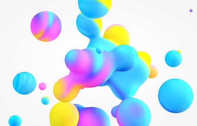 Abstract 3d art background. Holographic floating liquid blobs, soap bubbles 