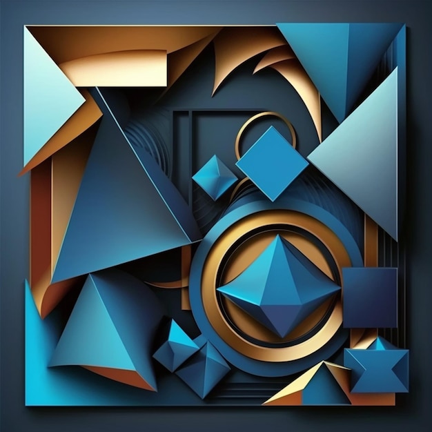 Abstract 3d art of a blue and gold geometric design generative ai