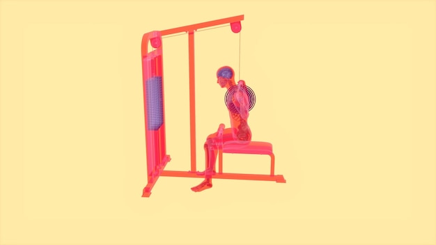 Abstract 3D art of a man on the Lat pulldown machinexA