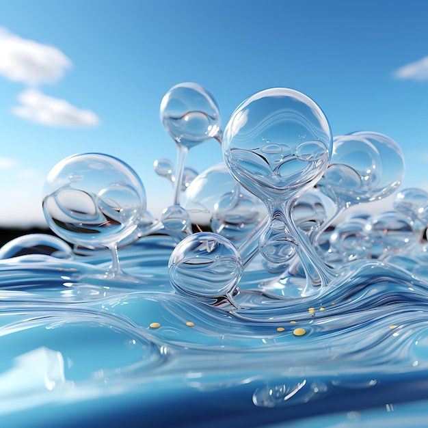 Abstract 3d art with transparent soap bubbles floating on sky background