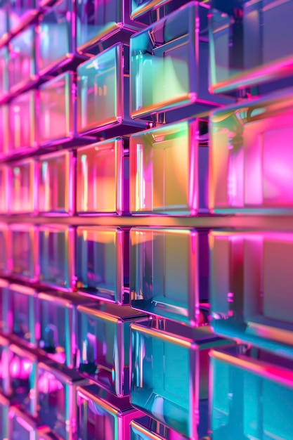 Abstract 3d background wallpaper with glass squares with colorful light emitter iridescent neon