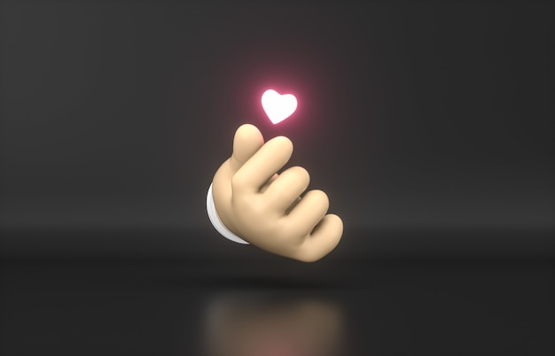 Abstract 3d Cartoon hand with mini heart neon icon.