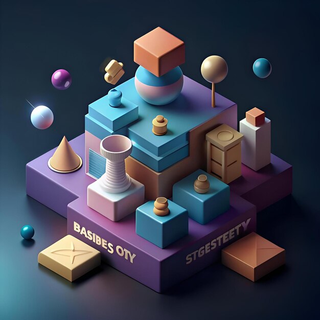 Abstract 3D composition of colorful geometric shapes blocks spheres and abstract objects