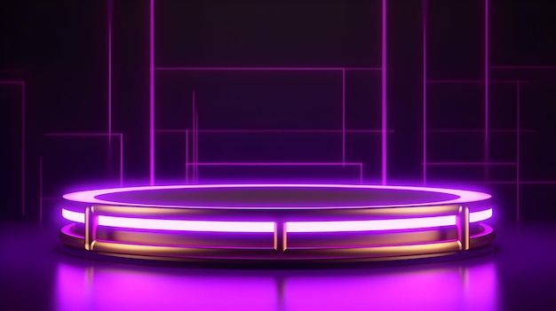 Abstract 3D dark podium with glowing purple neon lights