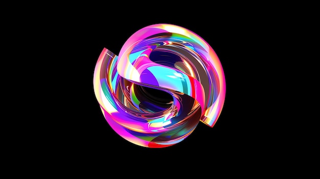 Abstract 3D design of a colorful iridescent shiny swirling sphere on a black background