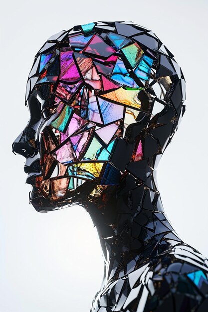 Abstract 3D design of a womans silhouette formed by a mosaic of glass pieces