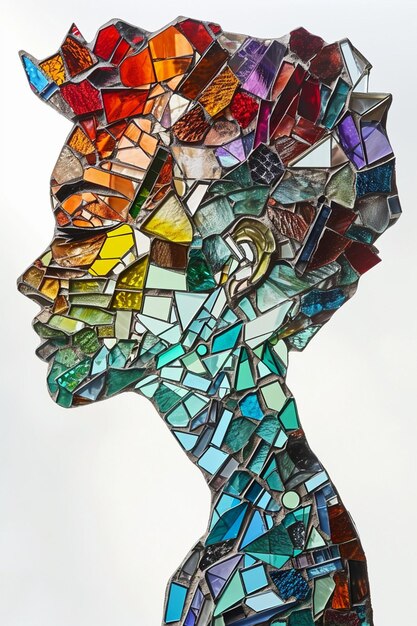 Abstract 3D design of a womans silhouette formed by a mosaic of glass pieces