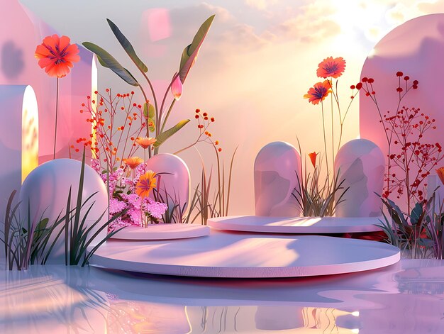 Abstract 3D Flower Garden with Natural Shapes Podium Minimalist Flower Garden in 3D Digital Art