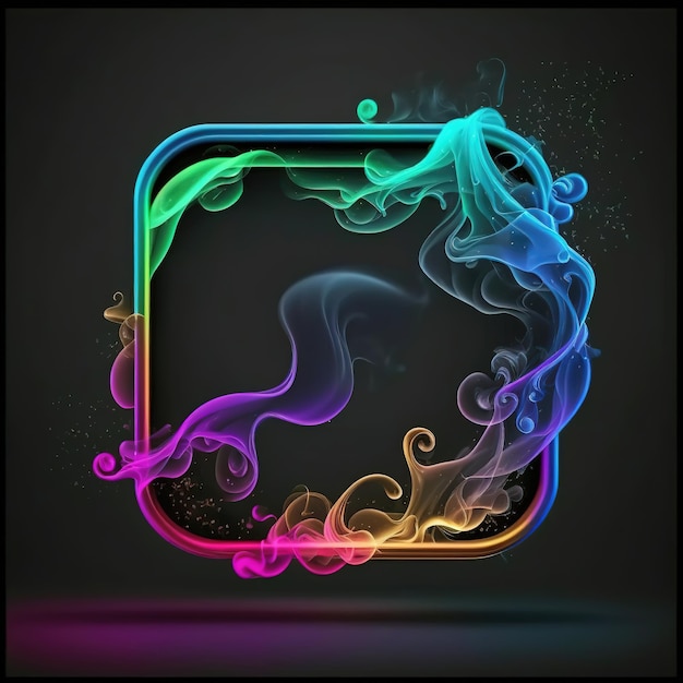 Abstract 3D frame with puffs of colorful smoke and neon light on a black background Ai generated