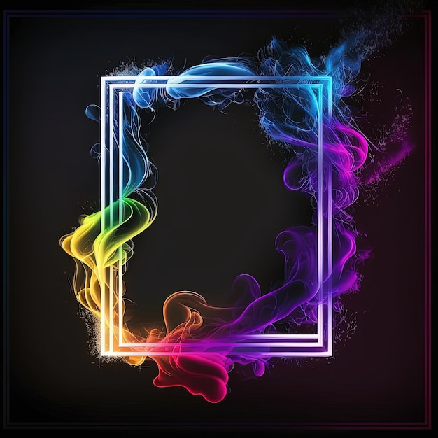 Abstract 3D frame with puffs of colorful smoke and neon light on a black background Ai generated