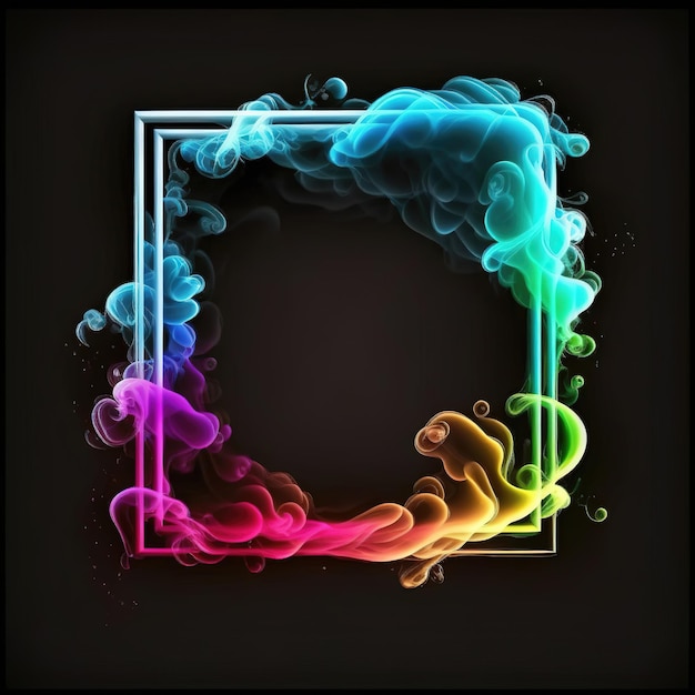 Abstract 3D frame with puffs of colorful smoke and neon light on a black background Ai generated