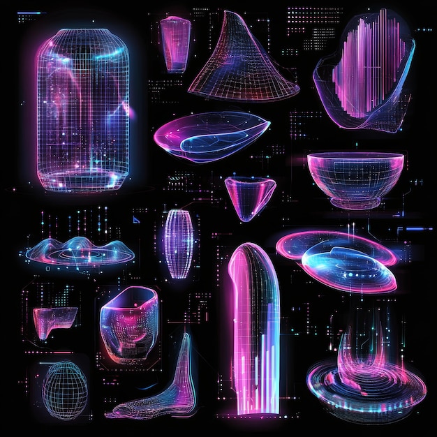 Photo abstract 3d geometric shapes neon glow futuristic design wireframe digital art