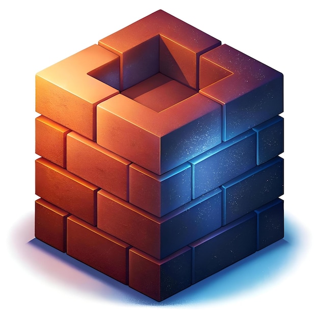 Abstract 3D icon of a cube built from bricks featuring a contrasting color scheme of orange and blue