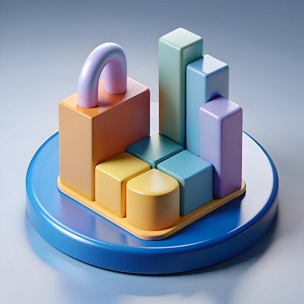 Abstract 3D icon representing data security with a colorful lock on a blue platform