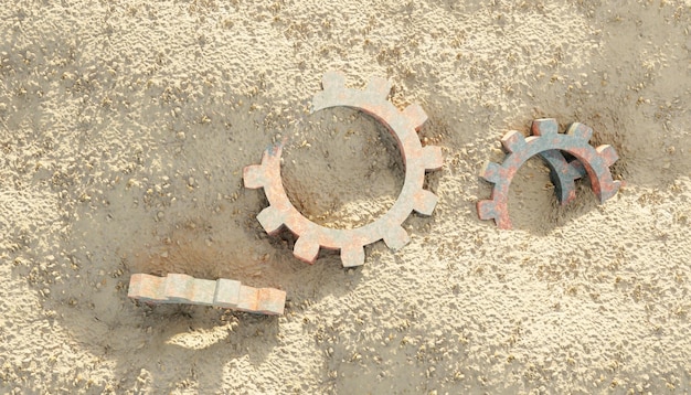 abstract 3d illustration of four textured stained orange and green gears semi-interred in stony sand