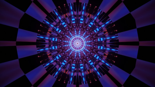 Abstract 3d illustration glowing multicolored geometric pattern with circles and lines forming visual effect of futuristic tunnel in neon illumination