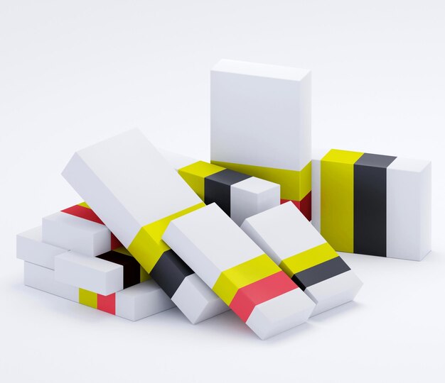 abstract 3d illustration of group of white medicine boxes with yellow and red black stripes on white