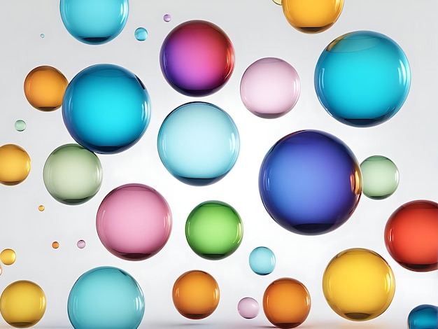 Photo abstract 3d illustration of multicolored bubbles of different sizes on a white background isolated