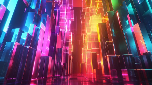 abstract 3d illustration of neon glowing cubes in space geometric background