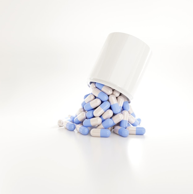 abstract 3d illustration of pyramidal heap of blue and white pills with white container on top on wh